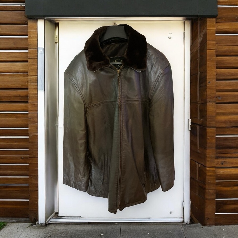 Abaci Brown Leather Jacket Ladies XXL Designer Detachable Fur Col MADE IN ITALY